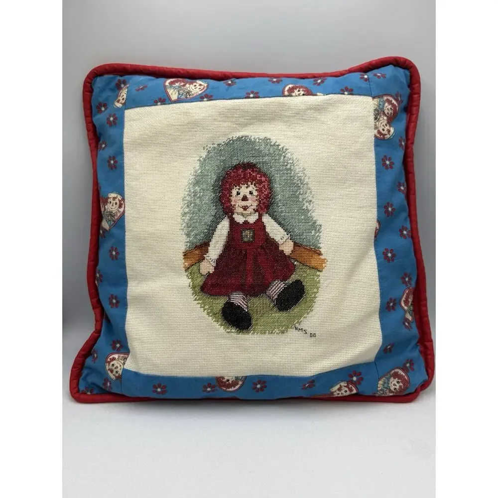 Handmade Raggedy Ann & Andy Tapestry‎ & Quilted Pillow Set 16x16